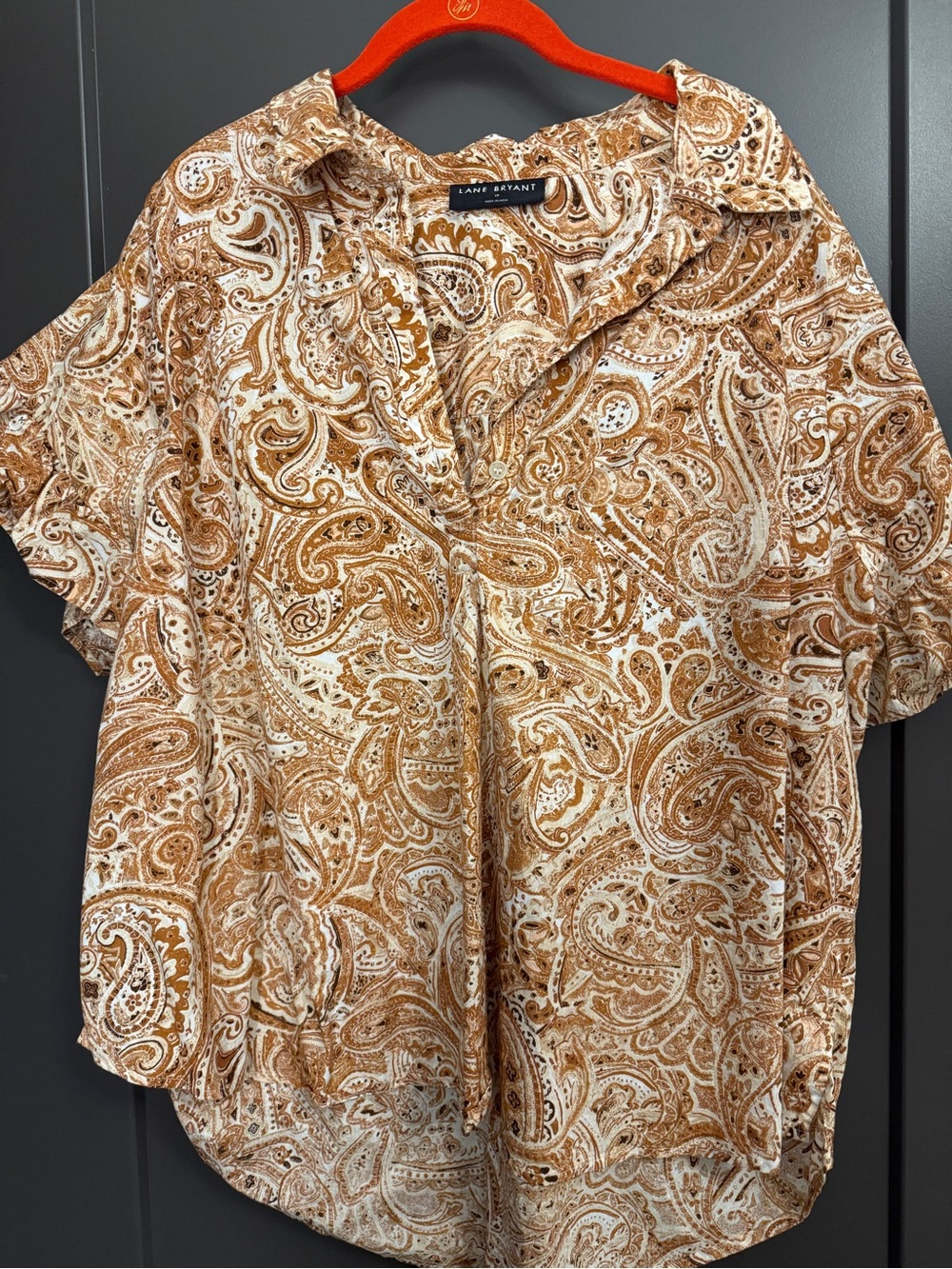 Lane Bryant Cream and Brown Paisley Button-Front Top